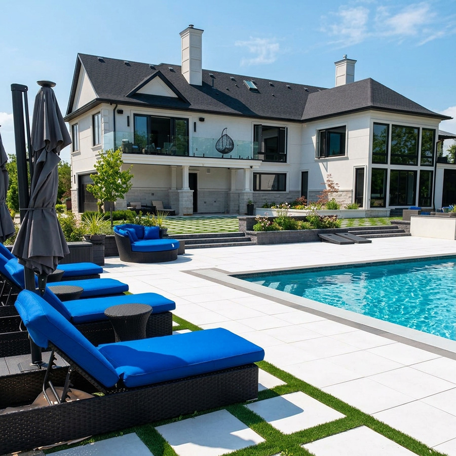 Backyard speakers and pool deck, Acton